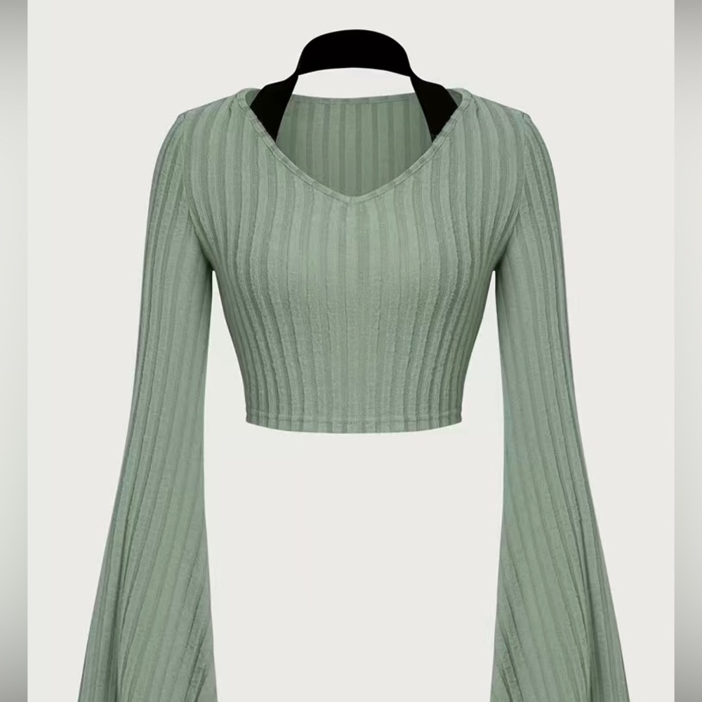 Solid Flare Sleeve V-neck Sweater, Elegant Crop Knit Top For Spring & Fall